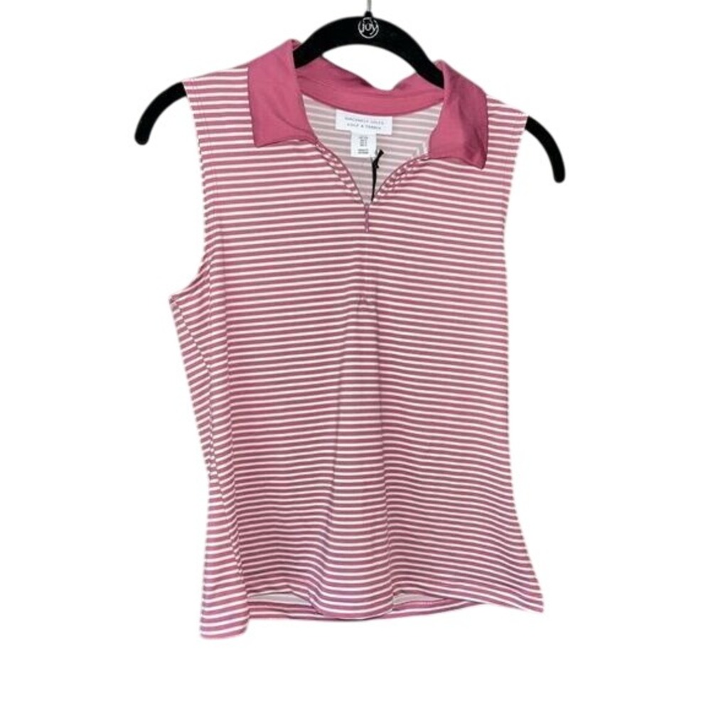 Pink Striped Sleeveless Golf Polo Top UPF50 Moisture Wicking Athletic Shirt A34 - Picture 3 of 8